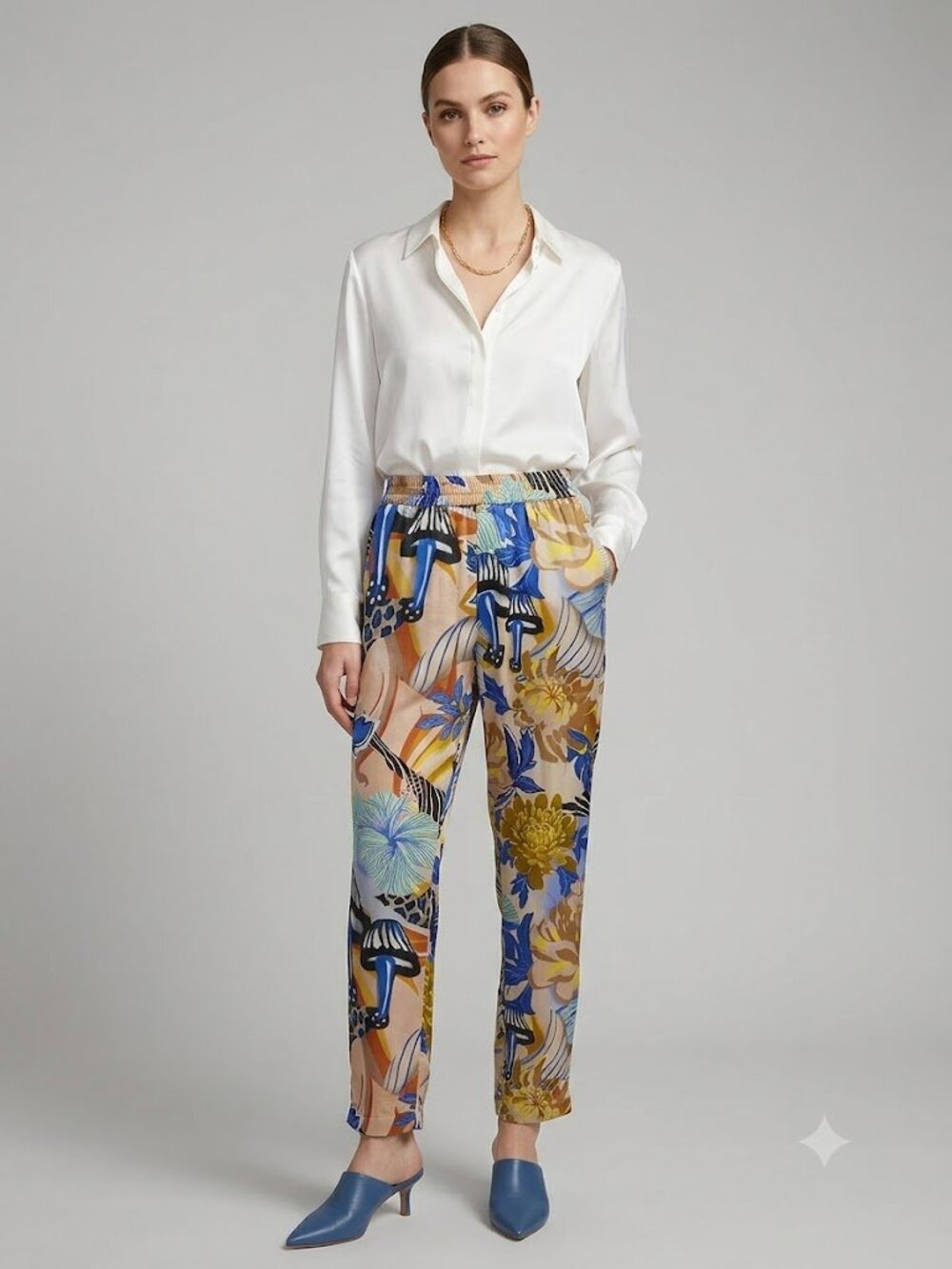 Las Surenas EUC Floral & Abstract Wide-Leg Pull-On Pants in Blue and Tan